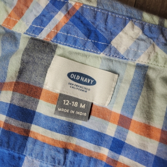 Old Navy Boys 12-18m Plaid Button Down Shirt Blue Orange EUC - Picture 2 of 16